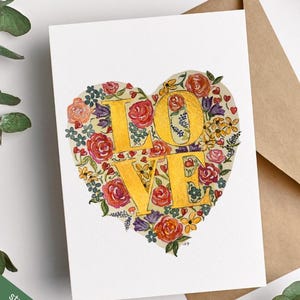 Aquarell Blumen LOVE Karte - Handgemaltes Valentinstagskarten-Design - Romantischer Jahrestag Gruß für Sie oder Ihn-Einzigartig und ein Unikat