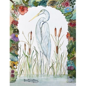 Elegante airone bianco verticale, uccello acquatico, acquerello / Dipinti e stampe originali ispirati alla natura / Opera d'arte vivace e colorata
