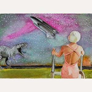Surrealista/Retrò/Dinosauro/Razzo/Spazio/Surrealista/Retrò/Dinosauro/Razzo/Spazio/Notte/Cielo/Acquerello/Stravagante/Collage/Arte/Colorato/Nuotatore