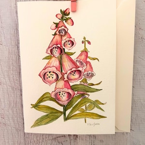 Cartão de felicitações de dedaleira pintado à mão Arte botânica em aquarela | Presentes de papelaria floral brilhante | Cartões de arte para qualquer ocasião - Presente de papelaria
