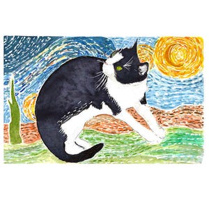 Regalo per gli amanti dei gatti Tuxedo Cat Watercolor Painting - Stampa artistica ispirata a Van Gogh con gatto, sole e cactus - Stampe affascinanti per l'arredamento della casa