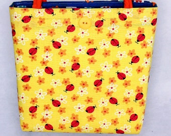 REVERSIBLE - Ladybugs and Flowers on Yellow / Multi-color Daisies on Blue Ruffled Tote Bag, Carry-all, Purse