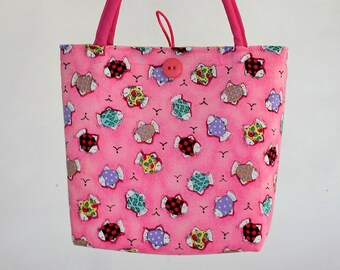 REVERSIBLE - Fish on Pink / Flowers on Yellow Ruffled Tote Bag, Carry-all, Purse