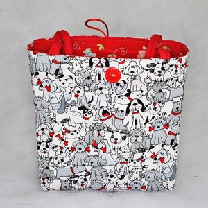 REVERSIBLE Black and White Dogs / Pink Yellow Blue Flowers on Red Ruffled Tote Bag, Carry-all, Purse image 1