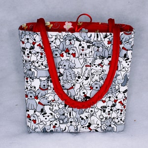 REVERSIBLE Black and White Dogs / Pink Yellow Blue Flowers on Red Ruffled Tote Bag, Carry-all, Purse image 4