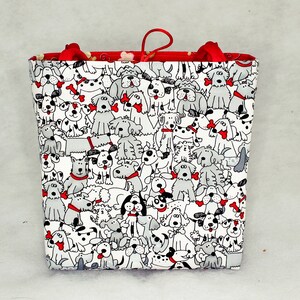 REVERSIBLE Black and White Dogs / Pink Yellow Blue Flowers on Red Ruffled Tote Bag, Carry-all, Purse image 3