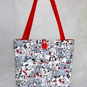 REVERSIBLE Black and White Dogs / Pink Yellow Blue Flowers on Red Ruffled Tote Bag, Carry-all, Purse image 2