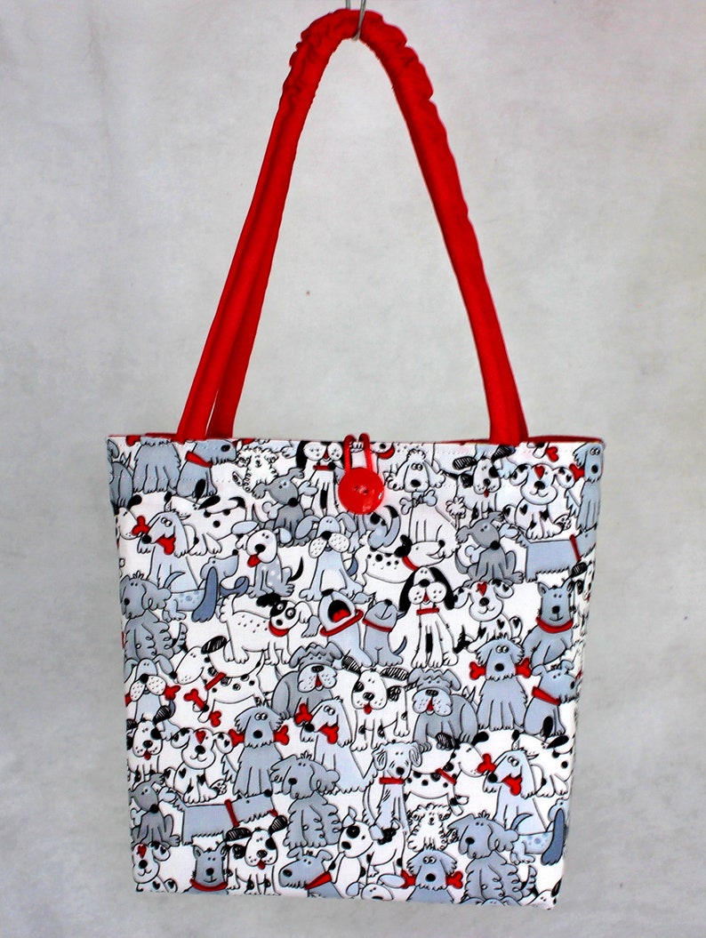 REVERSIBLE Black and White Dogs / Pink Yellow Blue Flowers on Red Ruffled Tote Bag, Carry-all, Purse image 2