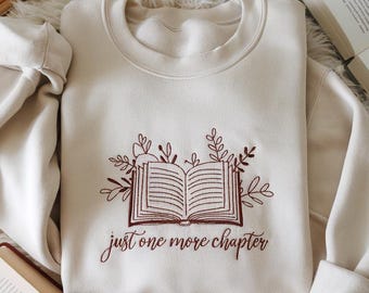 Sudadera retro para amantes de los libros: jersey bordado "Just One More Chapter Reading", suéter a juego para el club de lectura, regalo para bibliotecarios.