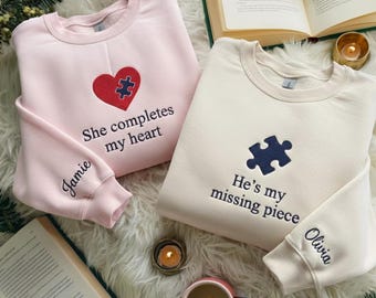 Custom Embroidered Sweatshirt, Heart and Puzzle Piece Couples Hoodie, Initial With Heart On Sleeve, Anniversary Gift, Valentines Day Gift