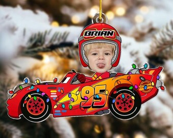 Personalized Kid Face Disney Car Toys, McQueen Cars Acrylic Photo Ornament, Christmas Gift for Kid Grandkids, Disney Chrismas Ornament