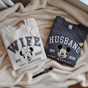 Embroidered Custom Just Married Disney Sweatshirt, Wife Husband Matching Shirt, Just Married Gifts, Disney Honeymoon Gifts, Newlywed Shirts