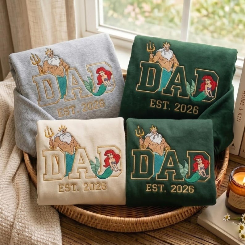 Embroidered Custom Triton and Ariel Shirt, Persionalized Disney Characters Sweatshirt, Disney Father's Day Gift, Birthday Gift For Dad image 2