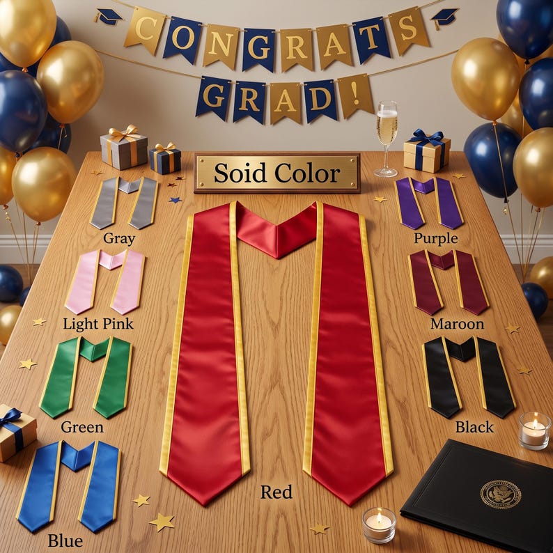 May include: A selection of graduation stoles in colours such as red, blue, and green, with gold edging, are arranged on a wooden table. A banner reading "CONGRATS GRAD!" is displayed above, with gold and navy balloons. The text "Solid Color" is on a plaque.