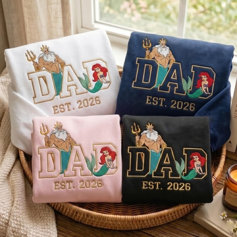 Embroidered Custom Triton and Ariel Shirt, Persionalized Disney Characters Sweatshirt, Disney Father's Day Gift, Birthday Gift For Dad image 3
