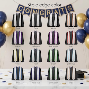 May include: A selection of graduation stoles in colours such as black, grey, white, orange, purple, light pink, pink purple, red, yellow, teal, green, light blue, blue, royal blue, dark green, and khaki. A banner reads "CONGRATS".