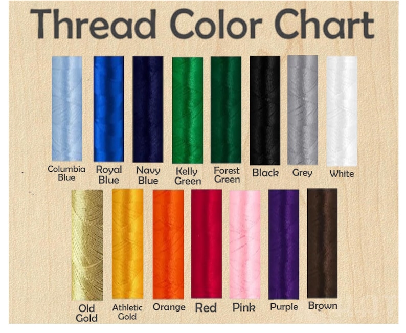 May include: A thread colour chart with the text "Thread Colour Chart" at the top. The chart displays 14 thread colours, including Columbia Blue, Royal Blue, Navy Blue, Kelly Green, Forest Green, Black, Grey, White, Old Gold, Athletic Gold, Orange, Red, Pink, Purple, and Brown.