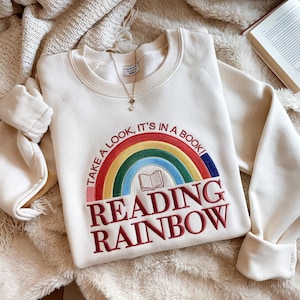 Embroidered Sweatshirt Reading Rainbow, Retro Librarian Shirt, Teacher Appreciation Shirt, Retro Comfort Rainbow School Tee, Book Lover Gift