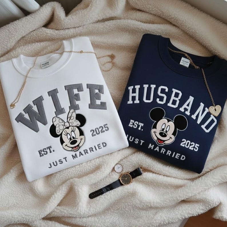Sudadera Disney bordada personalizada "Just Married", camisa a juego para esposa y esposo, regalos para recién casados, regalos de luna de miel Disney, camisetas para recién casados imagen 7