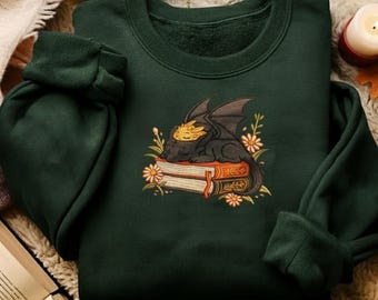 Dragon Book Embroidered Sweatshirt, Fantasy Book Reader Sweatshirt, Cottagecore Sweater, Book Addicted Shirt, Dragon Shirt, Bookworm Shirt