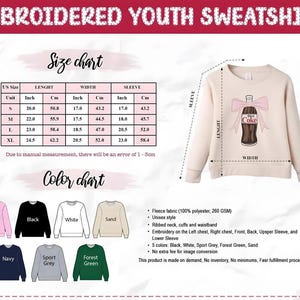 May include: Cream-colored embroidered youth sweatshirt featuring a Diet Coke bottle with a pink bow. The image includes a size chart with measurements in inches and centimeters, and a color chart with options like black, white, and pink.