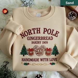 Mickey and Minnie North Pole Gingerbread Bakery Handmade With Love Embroidered Sweatshirt, Christmas Bakery Holiday Tee,Matching Family Gift
