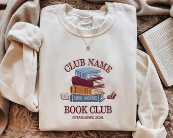 Borduurwerk boekenclub gepersonaliseerd sweatshirt, aangepast schoolse shirt, gepersonaliseerd cadeau voor boekenliefhebbers, leesclub groepsshirts, shirt boekenwurm, shirt boekenwurm