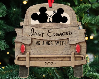 Personalized Mickey Minnie Just Engaged Ornament, Disney Couple Ornament, engaged ornament, Christmas Tree Decor, Disney Engagement Ornament