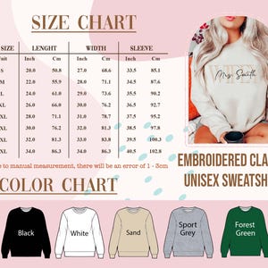 May include: An embroidered classic unisex sweatshirt in various colours, including black, white, sand, sport grey, and forest green. The size chart shows measurements in inches and centimetres, with lengths from 50.8 to 86.3 cm. The image also includes the text "Mrs. Smith".