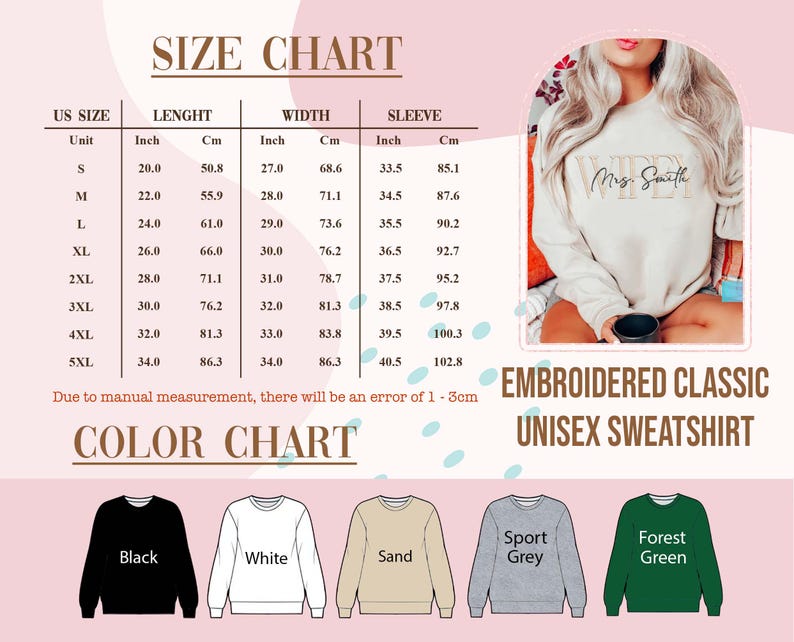 May include: An embroidered classic unisex sweatshirt in various colours, including black, white, sand, sport grey, and forest green. The size chart shows measurements in inches and centimetres, with lengths from 50.8 to 86.3 cm. The image also includes the text "Mrs. Smith".