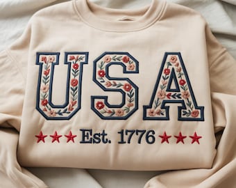 Floral USA Embroidered Appliqué SweatShirt American Girl Shirt USA Est 1776 Shirt Girly 4th of July Shirt Patriotic Women Tee Flower USA Tee