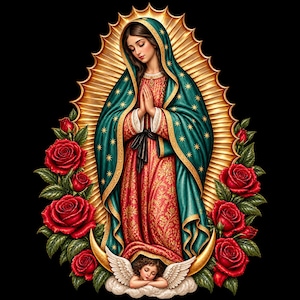 3 Glam Vår Fru av Guadalupe PNG, Sublimeringsdesign med röd rosblommor, Heligt hjärta med blågrönt guld, Katolsk ängelkerub, Sublimeringsnedladdning
