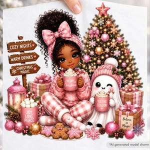 Melanin Girl Christmas PNG, 25 Black Girl Holiday Tree Afro Doll Gifts, Digital Download