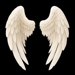 May include: A pair of white angel wings set against a black backdrop. The wings are intricately detailed with overlapping feathers, giving a soft, textured look. The wings are symmetrical, slightly curved, and a creamy off-white colour.