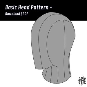 May include: A gray head pattern design with the text "Basic Head Pattern - Download | PDF" in a black banner. The pattern is a simplified illustration of a head covering, suitable for sewing or crafting projects.