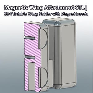 May include: A 3D model of a Magnetic Wing Attachment STL and 3D Printable Wing Holder with Magnet Inserts. The object is grey with pink cross-hatched interior sections, featuring two semi-circular cutouts on the side for magnet placement.