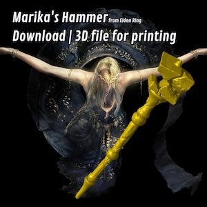 以下が含まれることがあります： Elden Ring の「Marika's Hammer」という金色のハンマーが、暗い背景に青いガウンを着た人物とともに表示されています。「Download | 3D file for printing」というテキストが上部にあります。