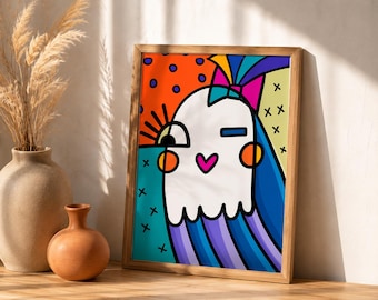Cute Ghost Poster Colorful Halloween Wall Decor Spooky Season Art Print Whimsical Ghost Artwork Maximalist Halloween Decor Mid Century Mod
