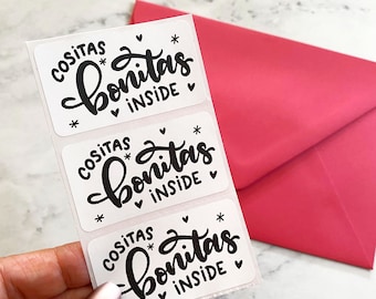 Spanish shipping stickers "Cositas Bonitas Inside" Thermal Stickers Latina Business Packaging