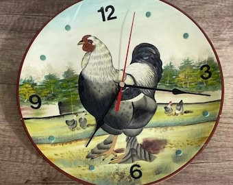 Ceramic Wall Clock Hand Crafted Rooster Design Rustic Farmhouse Style Silent/Tic