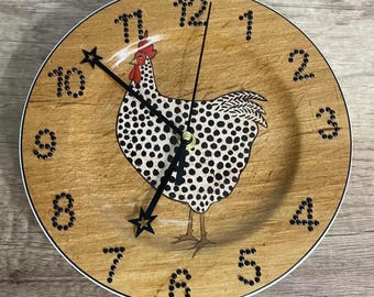 Ceramic Wall Clock Hand Crafted Rooster Design Rustic Farmhouse Style Silent/Tic