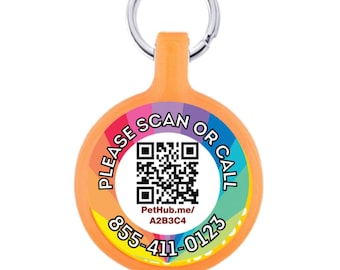 Regenboog milieuvriendelijke scanbare QR-ID-tag voor katten en honden - mogelijk gemaakt door PetHub. Gratis online trots op huisdierprofiel