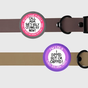 Funny Pet ID • Personalized Dog Tag • Silent Ringless ID Tag • Cat ID Tag • Twist On Pet Collar Tag