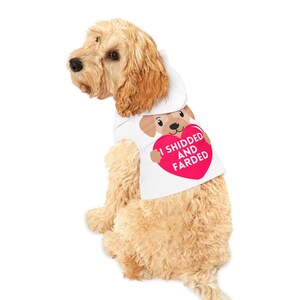 Puede incluir: Un perro marrón claro con una sudadera con capucha blanca con la cara de un perro de dibujos animados y un corazón rosa. El corazón tiene el texto "I SHIDDED AND FARDED" en blanco. El perro está sentado y mirando hacia la izquierda.