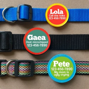 May include: Three dog ID tags with different colored backgrounds and text. The first tag is yellow with the name "Lola" and the text "Call the folks 123-456-7890". The second tag is green with the name "Gaea" and the text "Deaf, microchipped 123-456-7890". The third tag is green with the name "Pete" and the text "123-456-7890 My mom is ugly crying".
