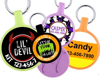 Halloween Personalized Dog ID Pet Tag Custom Pet Tag Choose Tag Size and Colors Spooky Dog Tag Cat ID Candy Corn Ghost