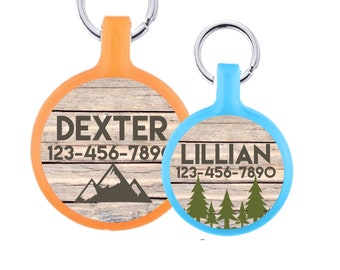 Trees or Mountains Woodgrain Forest Wilderness Wood Design Personalized Dog ID Pet Tag Custom Pet Tag Choose Tag Size & Color