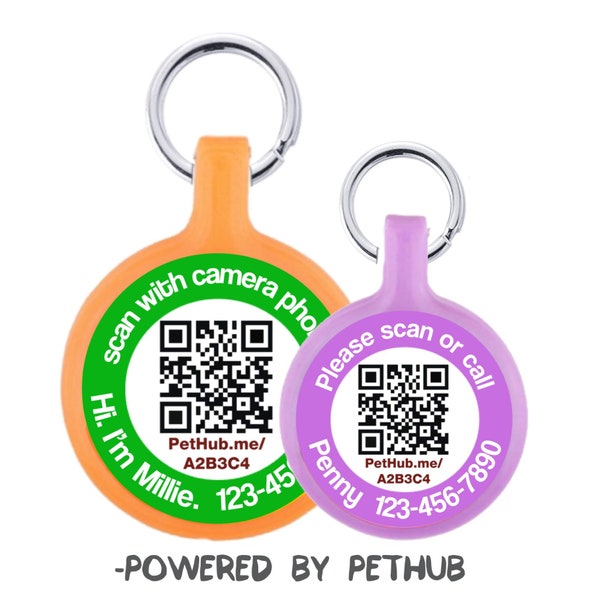 QR Code Free Pet Profile Personalized Scan Eco-Friendly Scannable ID Tag for Cats and Dogs- Powered by PetHub. Cute Dog Tag Cat ID Quiet