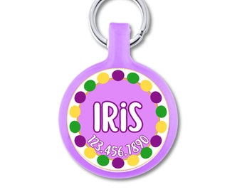 Mardi Gras Pom Pom Personalized Dog ID Pet Tag Custom Pet Tag You Choose Tag Size & Colors