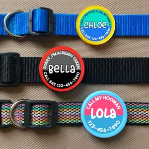 May include: Three dog collars with personalized name tags. The tags are round and feature names like "Chloe," "Bella," and "Lola," along with phone numbers. The collars are blue, black, and patterned with various colors.